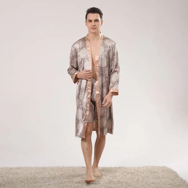 Для мужчины с принтом с контрастной отделкой с поясом из атласа Халат & Шорты Пижама
