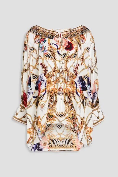 Блузка из шелкового крепдешина с принтом и декором Camilla, белый