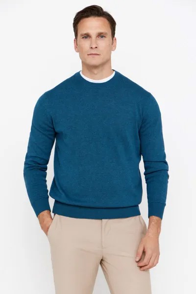 Базовый хлопковый свитер с круглым вырезом Cortefiel, синий