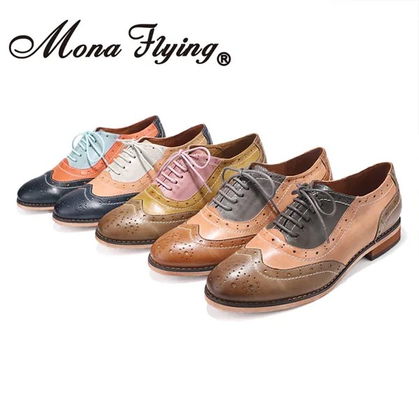 Женские кожаные перфорированные оксфорды на шнуровке Mona flying, броги разных цветов, обувь для седла Wingtip для девушек, женские CS-A068