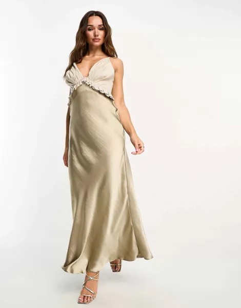 ASOS блестящее атласное платье средней длины на бретельках с оборкой и льняной деталью на груди с камнями