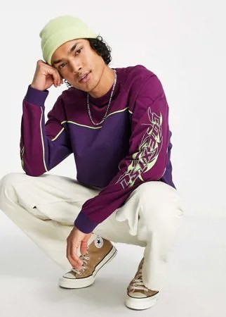 Oversized-лонгслив фиолетового цвета в стиле колор блок с принтом на рукавах ASOS DESIGN-Фиолетовый цвет