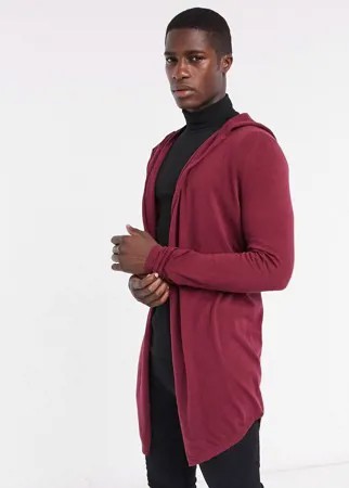 Бордовый кардиган без застежки с капюшоном и закругленным краем ASOS DESIGN-Красный