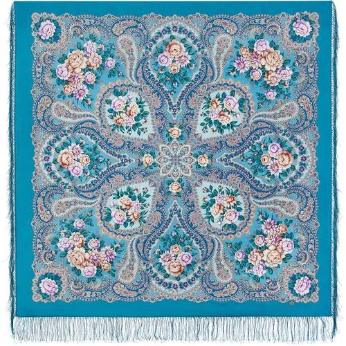 Платок Павловопосадская платочная мануфактура,146х146 см, синий, розовый