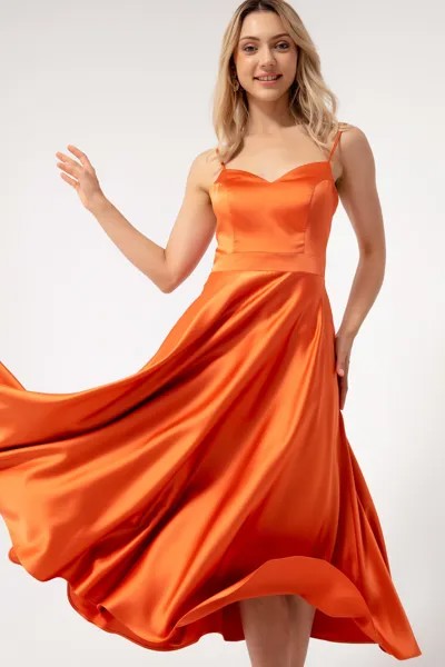 Женское оранжевое атласное вечернее платье миди на тонких бретелях Lafaba, оранжевый