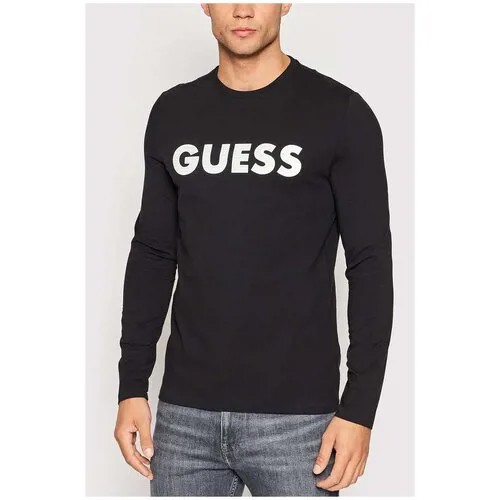 Лонгслив GUESS, полуприлегающий силуэт, принт надписи, размер L, черный