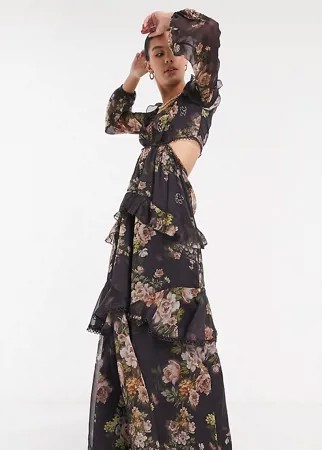 Коричневое платье макси с длинными рукавами, кружевной отделкой и цветочным принтом ASOS DESIGN Tall-Мульти