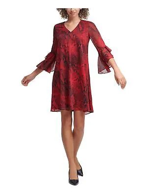CALVIN KLEIN Женское красное короткое вечернее платье прямого кроя с рукавами 3/4 и V-образным вырезом 8