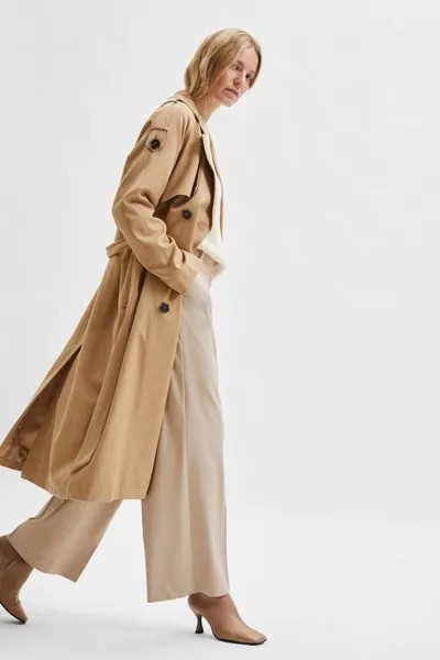 Классический длинный тренч из материала LYOCELL TENCEL. Selected Femme, коричневый