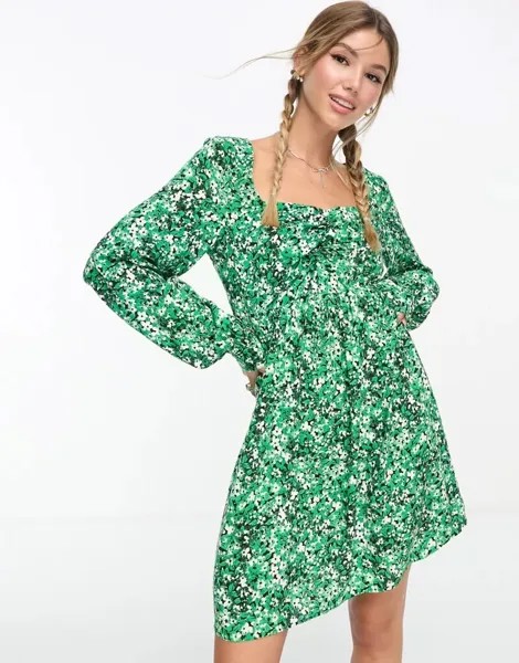 Эксклюзивное мини-платье Vero Moda с длинными рукавами и сборкой спереди с цветочным принтом