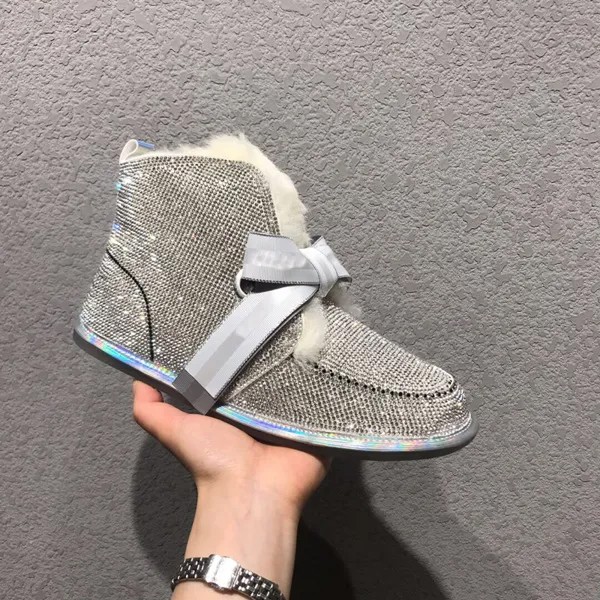 Женское модное серебряное кольцо/Золотые зимние ботинки Rhinestone ботильоны на меху; Женские зимние полусапожки; Теплая Зимняя шерстяная одежд...