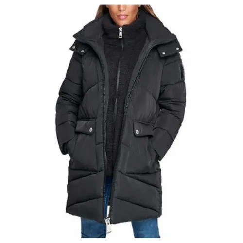 Куртка Calvin Klein S женская черная до колена c капюшоном на молнии и флисовым воротом Winter Puffer Full zip Removable Hood Coat Parka