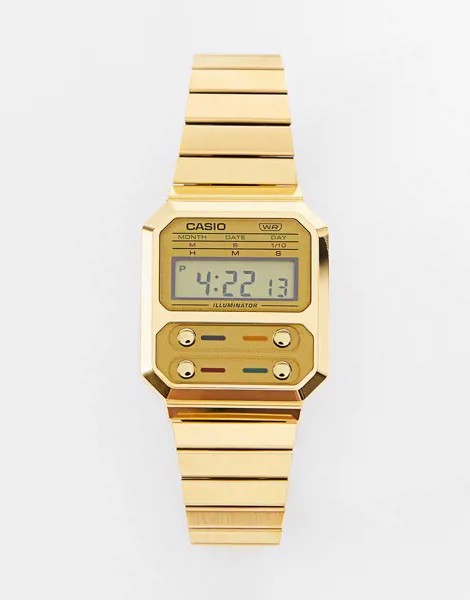 Золотистые часы-браслет в стиле унисекс с электронным циферблатом Casio Revival F-100-Золотистый