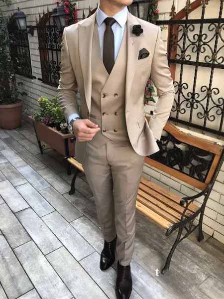 Мужской свадебный костюм-тройка, светильник-коричневый смокинг для жениха, пиджак, брюки, жилет, галстук, C914