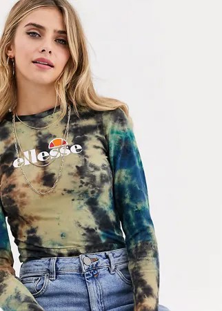 Приталенный лонгслив с логотипом и принтом тай-дай Ellesse-Коричневый