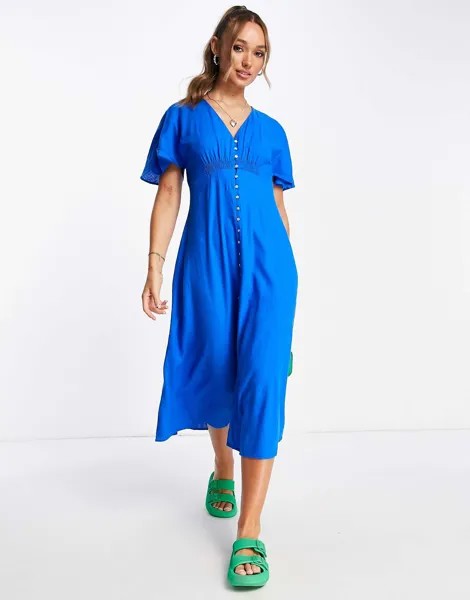 Ярко-синее платье миди на пуговицах с v-образным вырезом Mango