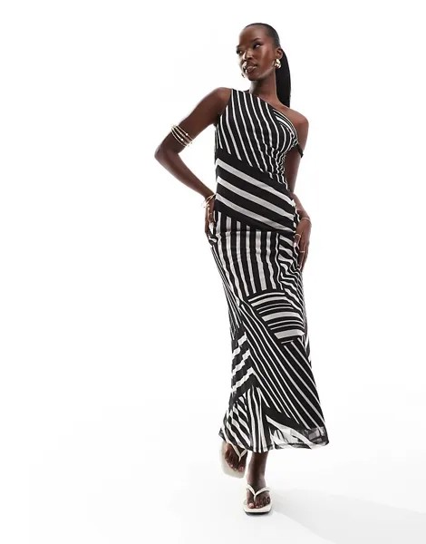 ASOS DESIGN Платье миди в черно-белую полоску из сетки с асимметричным укороченным бретелем