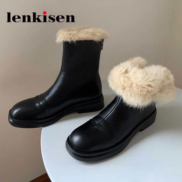 Зимние сапоги Lenkisen из коровьей кожи с круглым носком на среднем каблуке шерстяные зимние сохраняющие тепло корейские уличные красивые удоб...