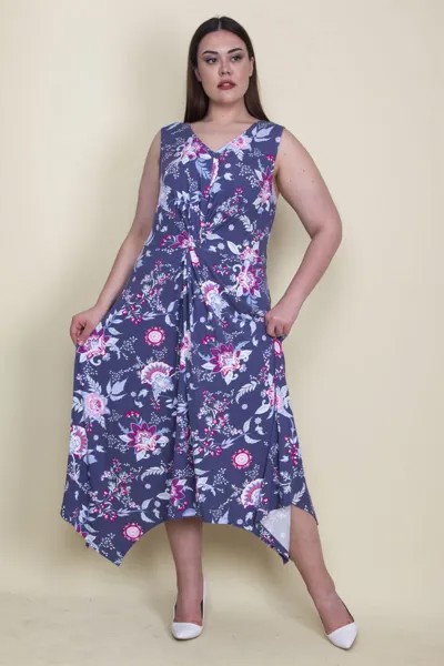 Женское длинное платье без рукавов больших размеров цвета индиго с цветочным узором на талии 65n29688 Şans, темно-синий