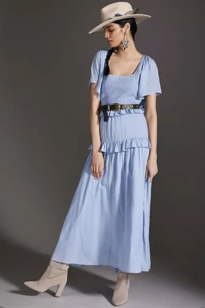 Многоярусное платье макси с рюшами Anthropologie, топ со сборками, с рюшами и завязкой на спине, синий, XL, NWT