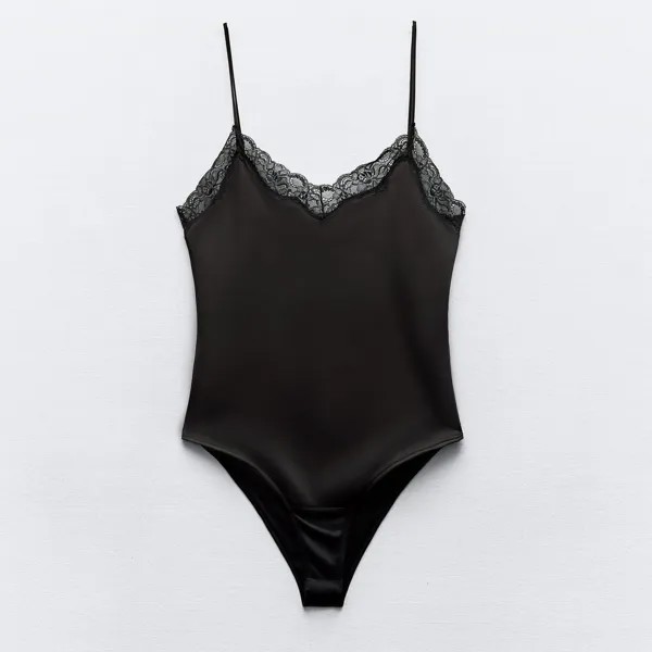 Боди Zara Satin With Lace Appliqué, черный