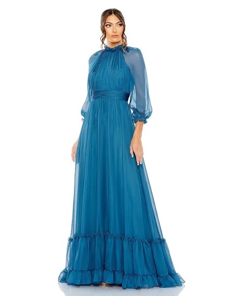 Женское шифоновое платье с рюшами и иллюзией с рукавами реглан и рюшами Mac Duggal, синий
