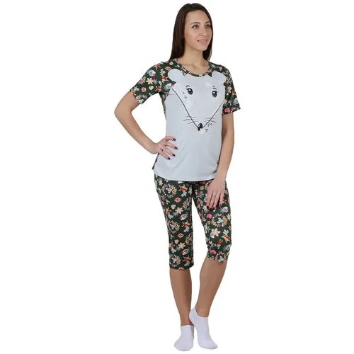 Женская пижама Мышонок Серый размер 46 Кулирка Оптима трикотаж футболка с коротким рукавом бриджи ниже колен пояс на резинке