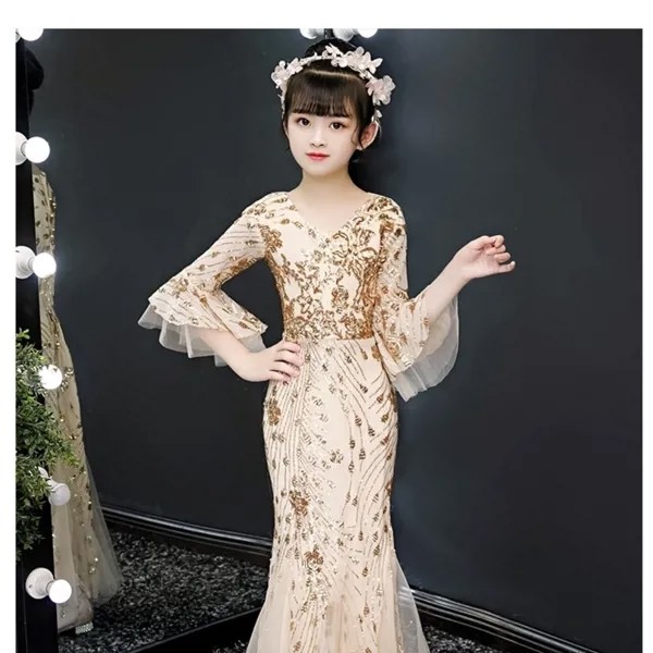 Роскошное детское свадебное платье, вечернее облегающее платье с золотыми блестками для девочек, Элегантное коктейльное платье-русалка в к...