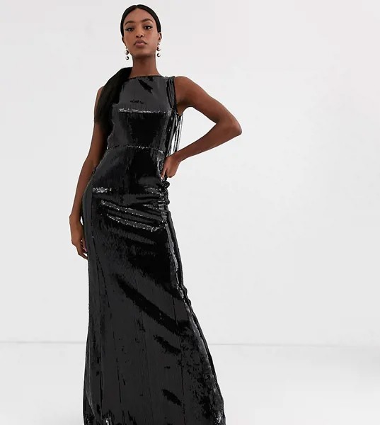Черное платье макси с пайетками и бахромой сзади TFNC Tall-Черный