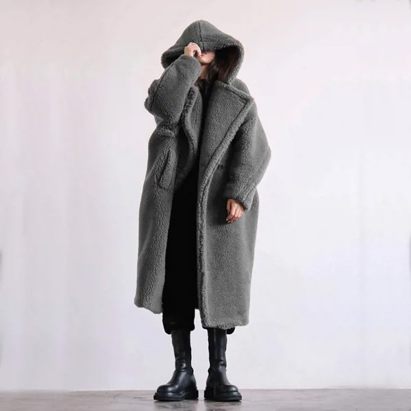 Зимнее женское длинное пальто с капюшоном из искусственного меха, утепленная верхняя одежда из ягненка, черные толстовки с поясом, куртка, ж...