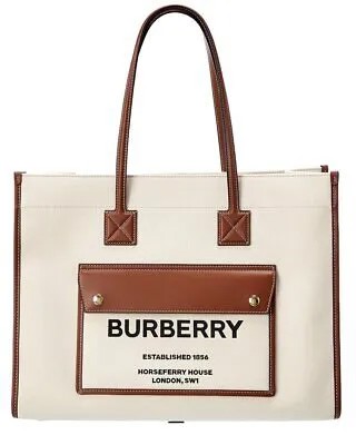 Двухцветная женская сумка-тоут Burberry среднего размера из ткани и кожи бежевого цвета Ns