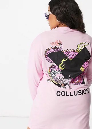 Эксклюзивное розовое платье-лонгслив в стиле oversized с графическим принтом COLLUSION Plus-Розовый цвет