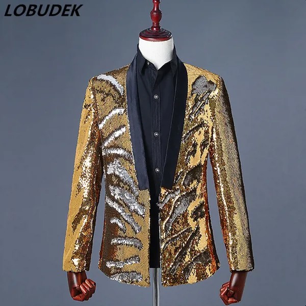 Двухцветная куртка с блёстками, Блейзер, пальто, новинка, верхняя одежда золотого и серебряного цвета, мужской костюм для выпускного вечера, ночного клуба, певец и ведущий сценический костюм