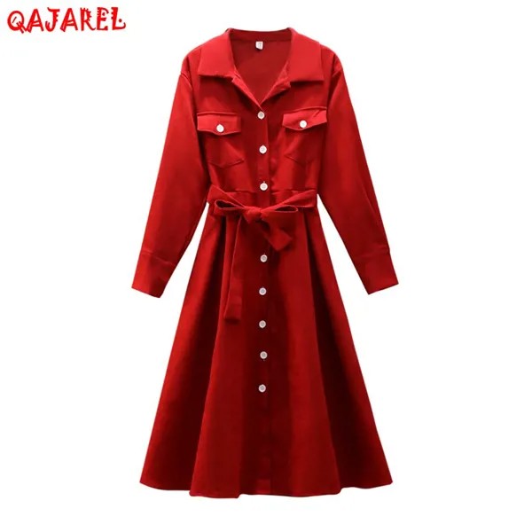 Красное элегантное платье миди с длинным рукавом в стиле Хепберн, Осень-зима, корейские винтажные однотонные повседневные платья, новинка ...