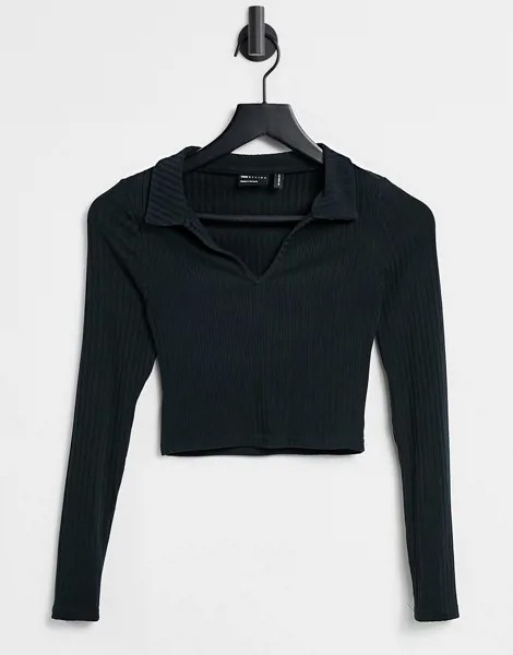 Черный облегающий лонгслив-поло в рубчик ASOS DESIGN-Черный цвет