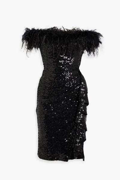 Платье из тюля с открытыми плечами, украшенное перьями и пайетками Badgley Mischka, черный