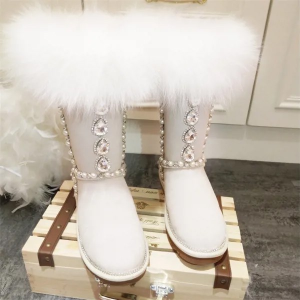 2021 зимняя женская обувь ботильоны с алмазным мехом черного лисы Зимние сапоги женские высокие туфли европейский размер корейский стиль