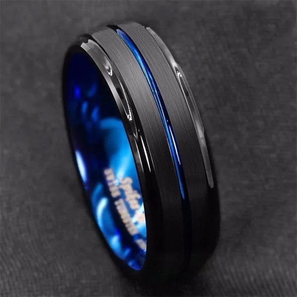 8 мм Мужская нержавеющая сталь Кольцо Тонкий синий Линия-Внутренняя черная матовая лента Классические кольца Юбилейный подарок для мужчин Ювелирные изделия
