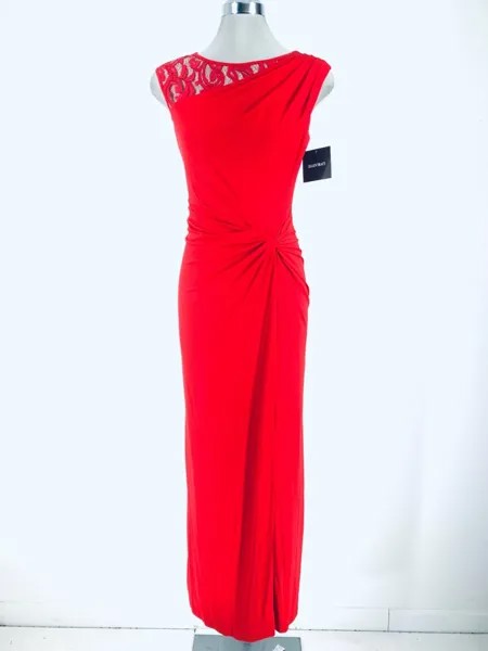 Эллен Трейси НОВОЕ элегантное красное платье с кружевной вставкой на плечах и завязкой на талии, размер 6