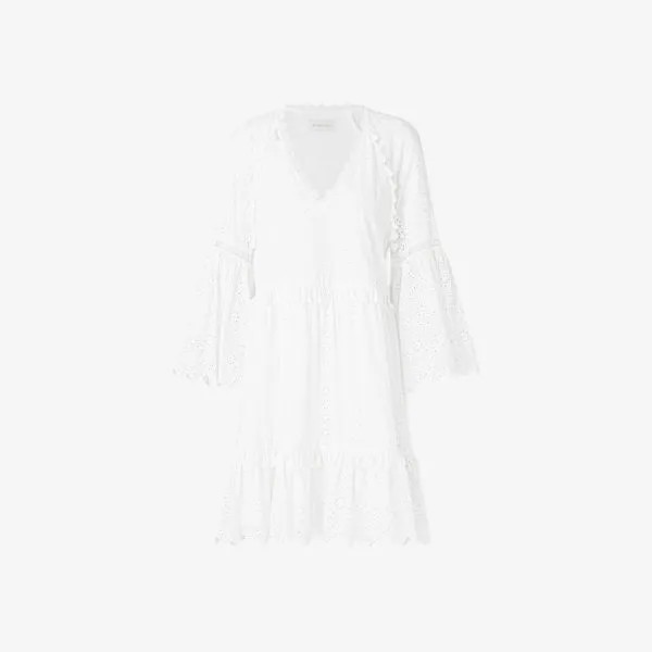 Хлопковое мини-платье Khloe с английской вышивкой и кисточками By Malina, белый