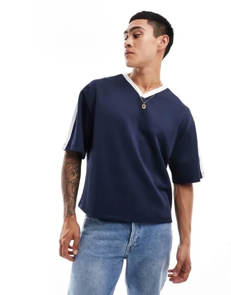 Темно-синяя свободная футболка свободного кроя с v-образным вырезом ASOS DESIGN