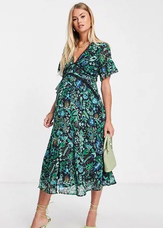Чайное платье миди с контрастной кружевной отделкой и сине-зеленым цветочным принтом Hope & Ivy Maternity-Разноцветный