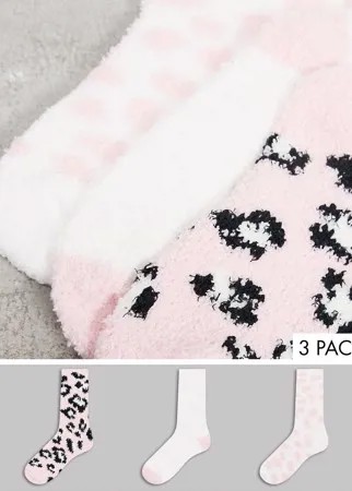 Набор из 3 пар пушистых носков для дома розового и белого цвета со звериным принтом Loungeable-Розовый цвет