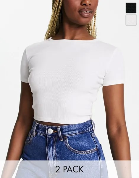 Комплект из двух черно-белых футболок в рубчик Pull&Bear