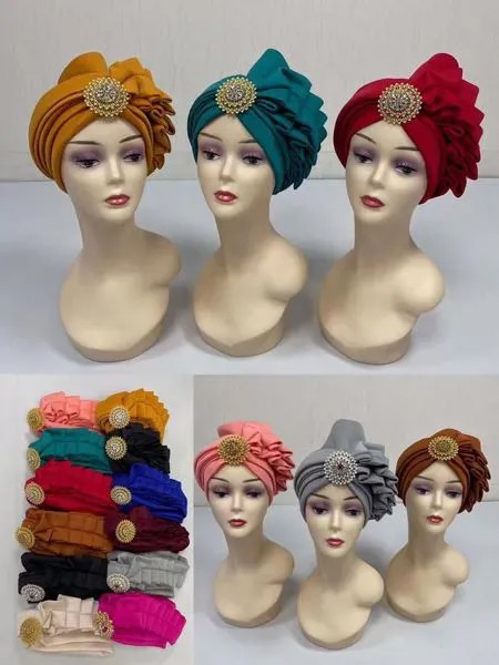 Новинка, Модный женский головной платок, тюрбан в африканском стиле, хиджаб с кристаллами, однотонный головной убор, женская шляпа для вечеринки, ручная работа, 12 цветов