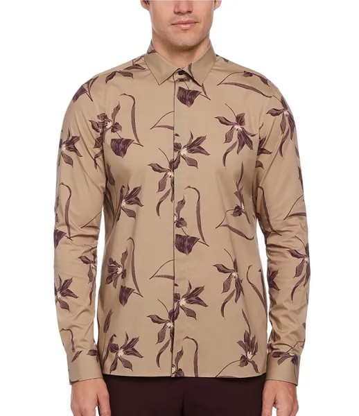 Рубашка из эластичной ткани с длинными рукавами и цветочным принтом Perry Ellis, коричневый