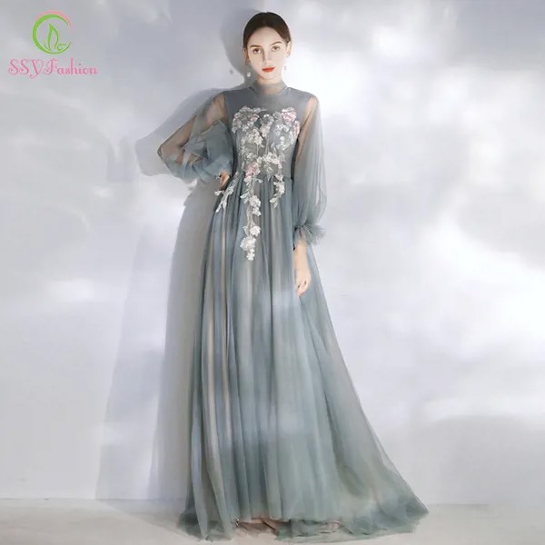 Женское вечернее платье SSYFashion, романтичное длинное платье с длинным рукавом, кружевной аппликацией и бисером, серого и синего цвета, индиви...