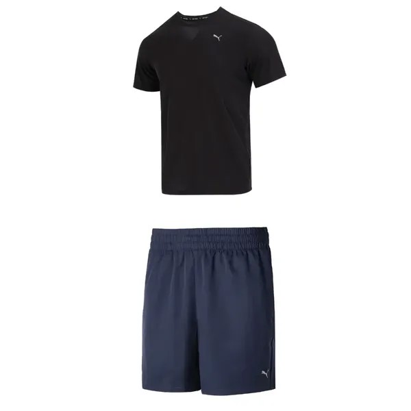 Повседневный спортивный мужской костюм черная рубашка + синие шорты Puma, черный