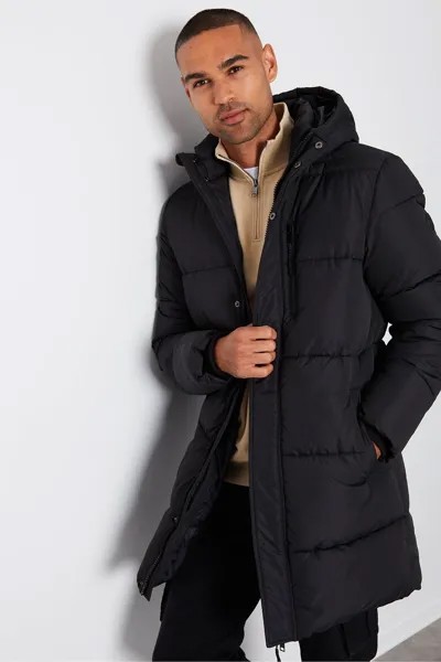 Удлиненная куртка-пуховик 'Strike' с защитой от дождя и капюшоном Threadbare, черный