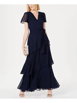 TAHARI Женское темно-синее вечернее платье макси с оборками и короткими рукавами и V-образным вырезом 2